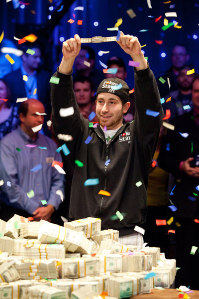Jonathan Duhamel Wins it all in 2010 - Holding the WSOP Bracelet up in the air
