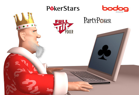 The King is playing poker on a mac - Full Tilt, Pokerstars, Bodog and PartyPoker logos in the background