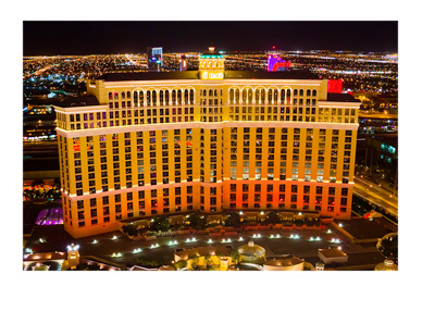 Hotel Bellagio in Las Vegas filmed from birds eye perspective.  Night shot.