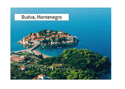 Sveti Stefan, Budva, Montenegro. Areal view on a sunny day. Adriatic Sea.