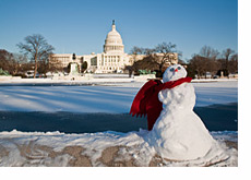 Capitol Hill on a sunny winter day - Snowman in front