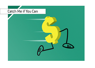 A major casino is chasing after a poker player. The chase is on. Illustration. Dollar on the run.