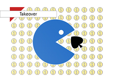 Esport company takes over a poker company.  Illustration.  Video game character eating a spade symbol.