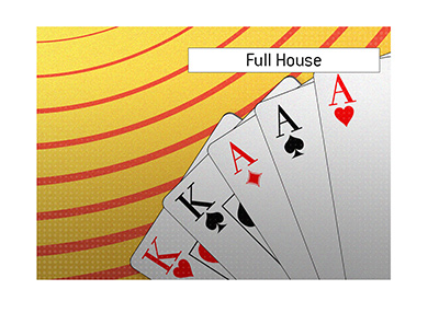 The illustration of a Full House in the game of poker.  Two Kings and three Aces.