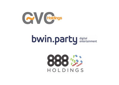 GVC Holdings, Bwin.Party Entertainment and 888 Holdings - Company logos - Tug of war / Takeover concept