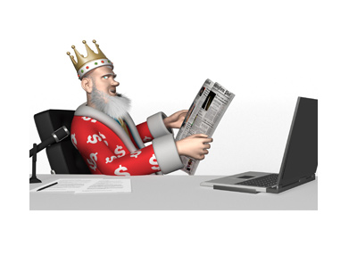 The King is sitting at his office desk and is reading the papers. He seems happy about the news.