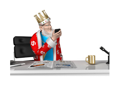 The King is checking his phone.  Tilting his head, while processing the news.