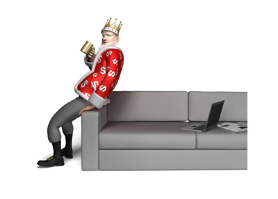 The King is leaning on the couch and drinking coffee out of his golden mug.  The topic of conversation is poker.