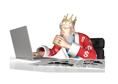 The King is at his office desk, on the laptop, sipping coffee, papers in front. Positive news is being received.