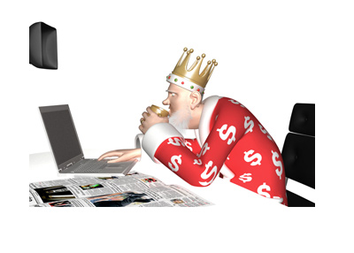 The King is doing research on his laptop, while sitting in his office. He is leaning forward.
