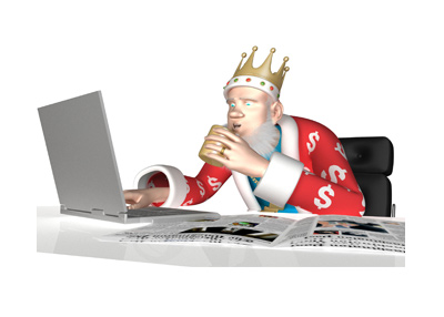 The Poker King is sitting in his office and surfing the web while sipping on coffee.  Newspapers are in front.