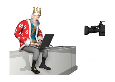 The King is sitting on his office desk. Laptop in hand. Camera, action...