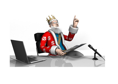 The King is sitting in his office reading the papers. Pointing out an interesting financial fact.