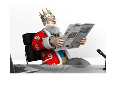 The King is sitting at his office and reading the newspaper. Happy about the news.