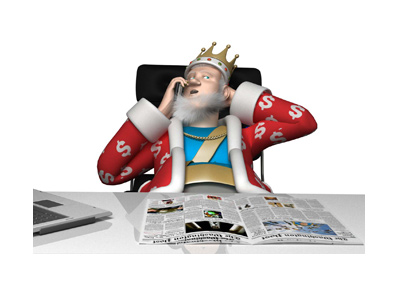 The King is sitting in his office and receiging important poker news via his golden cellphone.