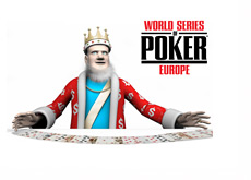 King with a deck of cards spread out on the table - WSOPE logo