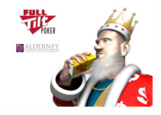 The King next to the Full Tilt Poker and Alderney Gambling Control Commission logos, drinking fruit juice