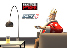 -- King taking it easy, sitting in a chair - NAPT logo and High Stakes Poker logo in the background --