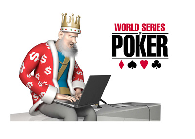 The King is going over the most recent news from the World Series of Poker (WSOP) tournament, while sitting on his desk and looking down over the laptop.