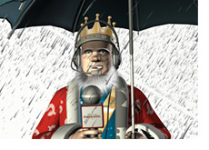 The King is reporting from under an umbrella - Heavy rain outside