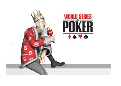 The Poker King is sitting on a wall with a mic in his hand.  Reporting on the latest from the 2016 World Series of Poker tournament