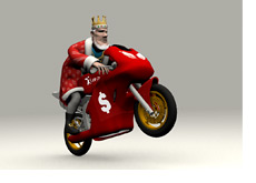 The King is doing a wheely on his motorbike