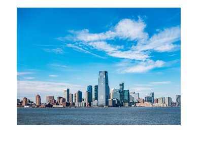 The New Jersey skyline.  Photo taken on a beautiful sunny day.  Year is 2017.