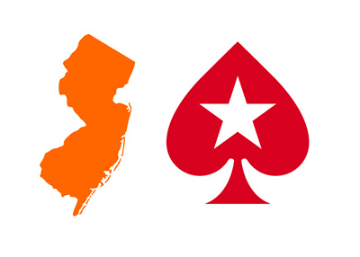 State of New Jersey map in orange colour next to the Pokerstars red spade logo