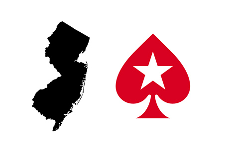 The map of New Jersey state in black next to the Pokerstars simplified - Spade with a star - logo