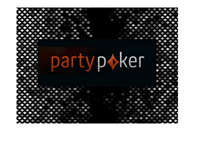 Party Poker logo on black background with a diamond shape pattern behind it.  Year is 2018.