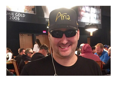 Phil Hellmuth at the World Series of Poker 2016 in Las Vegas wearing a Aria Hotel black hat and sunglasses