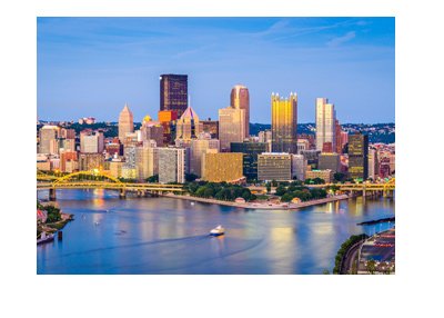 Drone camera view of Pittsburgh skyline.  State of Pennsylvania.