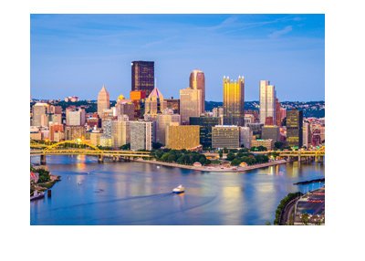 Drone camera view of Pittsburgh skyline. State of Pennsylvania.