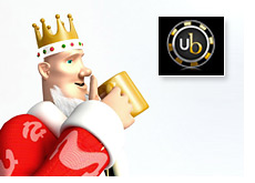 poker king is drinking his morning coffee and talking about utlimate bet poker room - looking at the ub logo