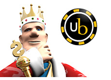 the king of poker is waiting for the news from ultimate bet - standing right next to the ultimatebet logo - his hand on his chin