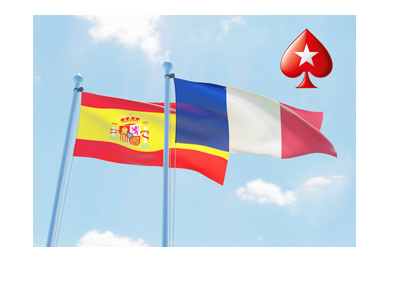 Pokerstars logo with the flags of Spain and France behind. Sunny day.