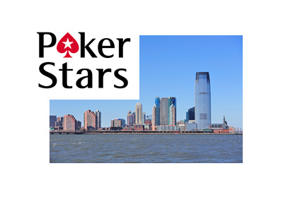 Pokerstars company logo over New Jersey City skyline photo