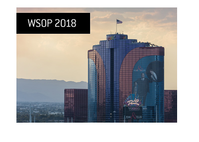 Rio Hotel Las Vegas photographed at dusk. WSOP 2018 final table chip count.