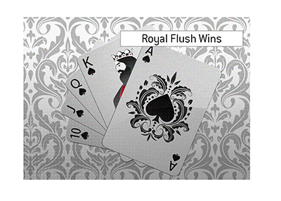 Royal Flush beats all other hands in the game of Holdem Poker.  Illustration.