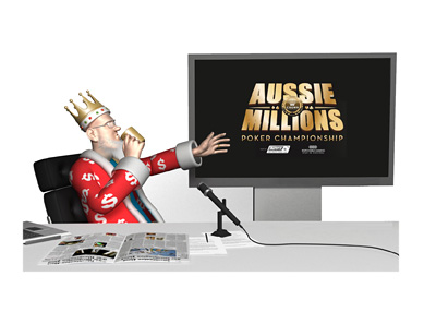 From his TV studio the King reports on the latest news from the Aussie Millions poker tournament, while drinking coffee from a golden mug.