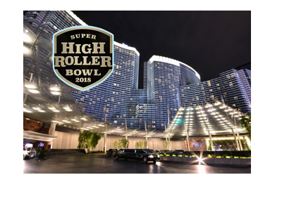 The Super High Roller Bowl 2018 at the Aria Casino in Las Vegas.  Night shot and logo.