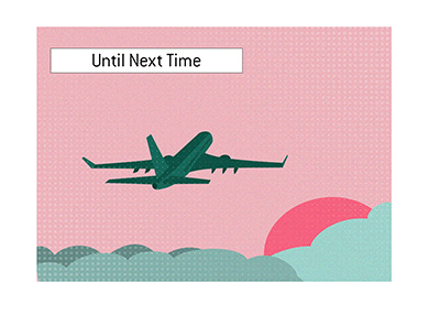 Until next year - Plane quietly taking off into the sunset. Las Vegas. Illustration.