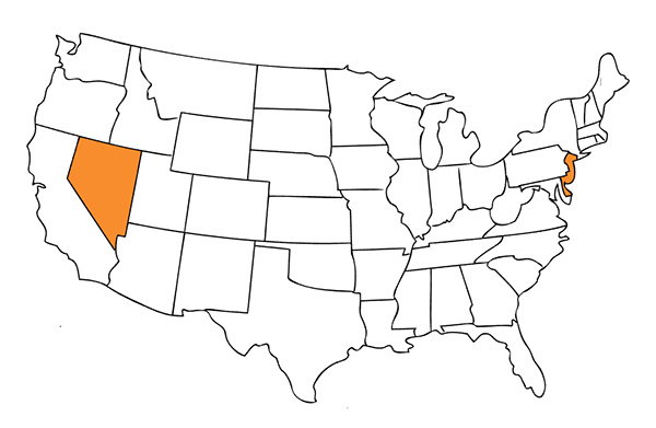 Map of United States of America with three highlighted states: New Jersey, Delaware and Nevada