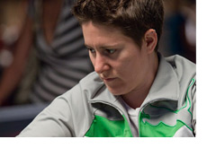 Vanessa Selbst in a gray-green-white Pokerstars top