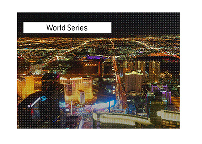 The view of Las Vegas from a helicopter, taken at night.  The WSOP 2019 is on.