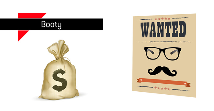 The illustration of the poker term Booty to accompany a dictionary entry explaining the meaning of the term. Wanted man - Bag of cash.