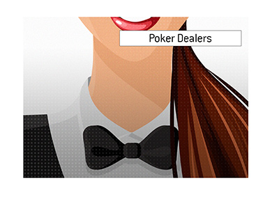 The illustration of a female poker dealer wearing a suit and a bow tie.